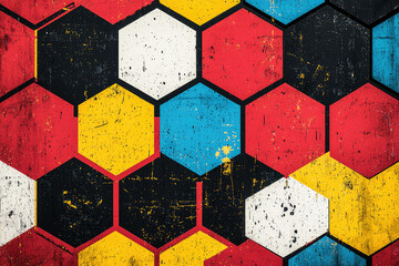 Poster - Abstract hexagonal pattern in red, yellow, blue, white, and black with a grunge texture.