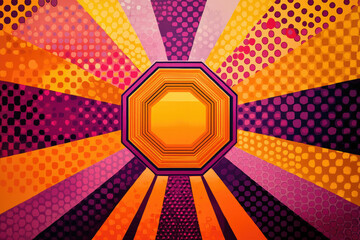 Poster - Vibrant abstract art featuring a central octagon surrounded by radiating stripes of orange, purple, and pink polka dots.