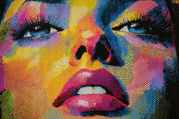 Aufkleber - Vibrant pop art portrait of a woman's face, rendered in colorful dots.