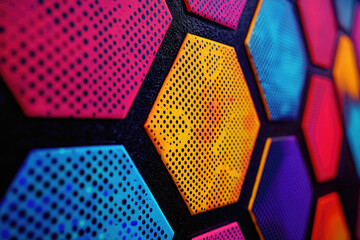 Poster - Vibrant hexagonal pattern with colorful dotted texture on a dark background.