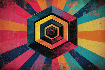 Poster - A mesmerizing abstract artwork featuring a hexagonal tunnel receding into a vibrant, vintage-style sunburst background.