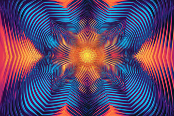 Aufkleber - Abstract kaleidoscopic image with vibrant blue, orange, and purple stripes creating a mesmerizing symmetrical pattern.
