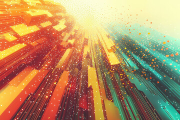 Poster - Abstract digital art depicting a vibrant, futuristic cityscape with glowing structures and particles.