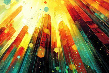 Aufkleber - Vibrant city skyscrapers reaching for a bright, sunlit sky, depicted in a stylized, colorful, and impressionistic manner.