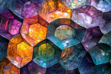 Poster - Intricate mosaic of colorful, translucent hexagonal shapes forming a captivating, abstract pattern.