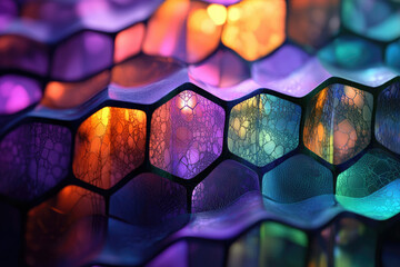 Poster - Abstract honeycomb pattern with vibrant, multicolored, glowing hexagonal cells.