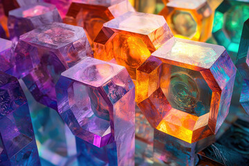 Poster - Close-up of vibrant, colorful, translucent hexagonal crystals forming a mesmerizing pattern.