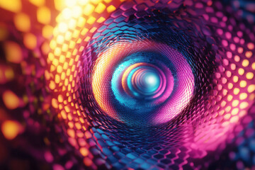 Poster - Abstract vibrant tunnel with hexagonal pattern, radiating colorful neon lights.