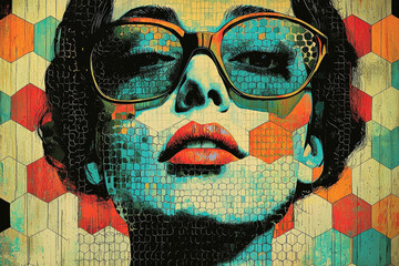 Aufkleber - A mosaic-style portrait of a woman wearing sunglasses, set against a vibrant geometric backdrop.