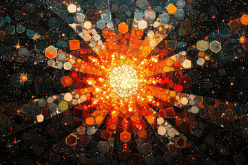 Aufkleber - A radiant, mosaic-style sun bursts forth from a dark, starry background, creating a mesmerizing cosmic scene.