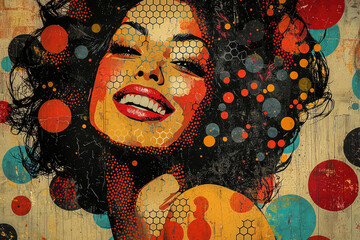 Poster - A vibrant, stylized portrait of a smiling woman with bold colors and geometric patterns.