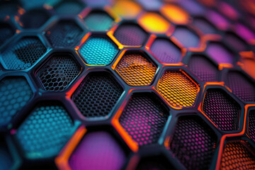 Poster - Abstract hexagonal pattern with vibrant, multicolored honeycomb structure.  Geometric, futuristic design.