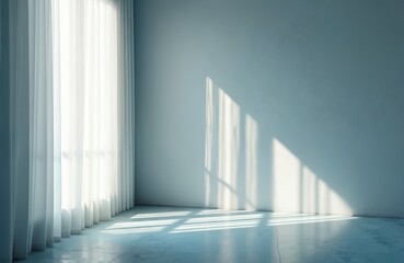 Aufkleber - Minimal room with light shades from window. White curtains, architecture background, showroom. Concrete wall, floor. Sunlight, sunbeams create shadow gradient. Template, minimal interior design.