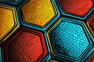 Poster - Abstract hexagonal pattern with cracked surface, vibrant colors, and bold outlines.