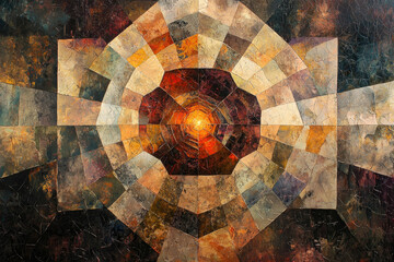Aufkleber - Abstract geometric artwork with a central glowing point, radiating outwards in a mosaic of earthy tones.