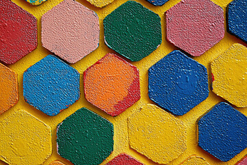 Poster - Colorful hexagon pattern on a yellow background, vibrant and textured.