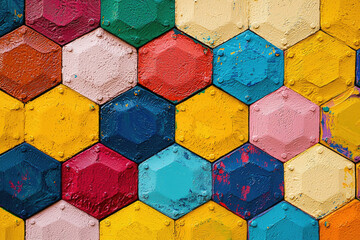 Poster - A vibrant honeycomb pattern of multicolored hexagonal tiles creates a visually striking and textured surface.