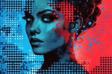 Aufkleber - A stylized portrait of a woman, rendered in vibrant blue and red halftone patterns.