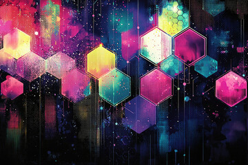 Poster - Abstract digital art featuring vibrant hexagons interconnected on a dark background with splashes of color and glowing effects.