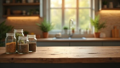Poster - Empty wooden table against bokeh view of modern kitchen interior. Jars with spices for cooking stand on tabletop. Kitchen furniture, window, home design, light create cozy interior. Food display