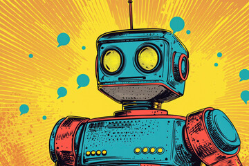 Poster - A retro-style robot, depicted in vibrant colors, seems thoughtful, surrounded by speech bubbles suggesting communication or contemplation.