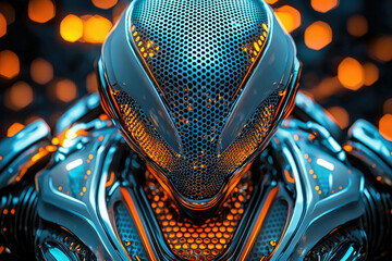 Poster - Close-up of a futuristic robot's head, showcasing intricate metallic design and glowing details.