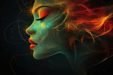 Aufkleber - Abstract portrait of a woman, lines and colors create a fiery, ethereal effect.