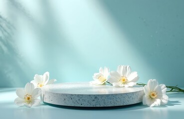 Aufkleber - Flat granite dais, white flowers on blue background for cosmetic products. Layout style design. Podium platform for product showcase, promotion. Natural stone presentation. Abstract mockup scene,