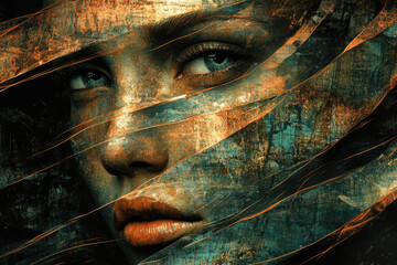 Poster - A woman's face, partially obscured by textured, gold and teal veils, evokes mystery and depth.