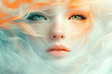 Aufkleber - A dreamy portrait of a woman's face veiled in soft, ethereal fabrics, evoking beauty and mystery.