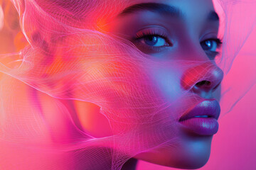 Aufkleber - A woman's face partially veiled by a pink and blue neon grid, creating a dreamy, surreal effect.