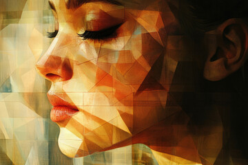 Poster - Abstract portrait of a woman's face, rendered in warm, geometric shapes and hues.