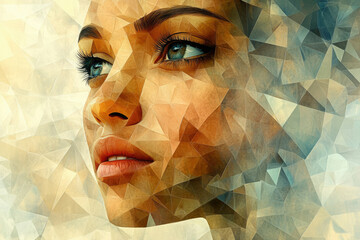 Poster - Abstract polygonal portrait of a woman's face, showcasing beauty and geometric art.