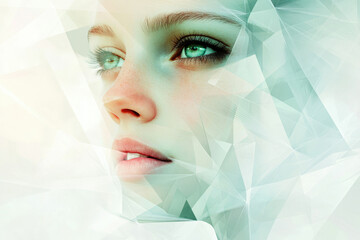 Poster - A woman's face is partially obscured by a translucent, geometric pattern, creating an ethereal and mysterious effect.