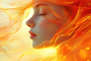 Aufkleber - Serene woman's face gently enveloped by flowing, fiery orange fabric, eyes closed.