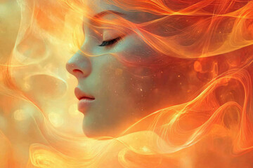 Aufkleber - A serene woman's face merges with fiery, ethereal strands, creating a mystical, dreamy portrait.