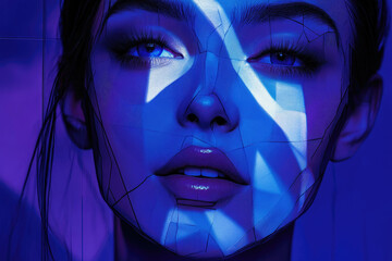 Poster - A digital art portrait of a woman's face, illuminated by blue light, with a fragmented, geometric effect.