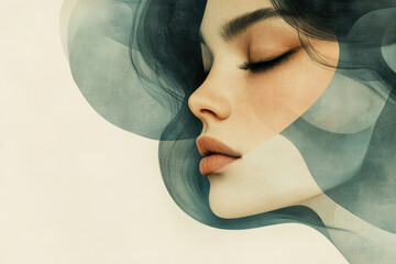 Poster - Serene portrait of a woman, eyes closed, enveloped in flowing teal abstract shapes.
