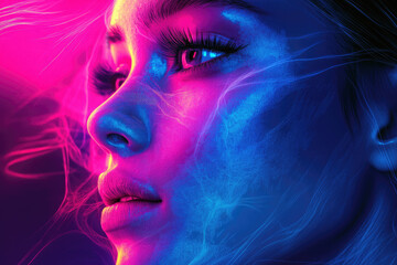 Aufkleber - Close-up portrait of a woman's face, illuminated with vibrant pink and blue neon lights.