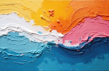 Leinwandbilder - Oil paint texture with brush, palette knife strokes in yellow, orange, white, pink, blue shades. Macro close up acrylic wallpaper. Modern art concept. Horizontal fragment, vivid bright multicolored
