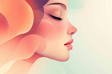 Poster - Serene profile of a woman, eyes closed, surrounded by soft, peach-colored abstract shapes.