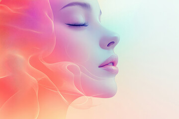 Aufkleber - Serene woman's profile, eyes closed, pastel colors, ethereal smoke-like swirls.