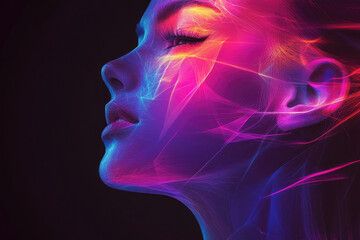 Poster - Abstract portrait of a woman's face, glowing with vibrant pink and blue neon light.
