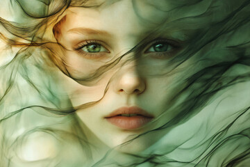 Aufkleber - A young woman's face is partially obscured by flowing, dark green fabric, creating an ethereal and mysterious atmosphere.