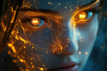 Poster - Close-up of a woman's face, illuminated with glowing orange neural network patterns across her skin and eyes.