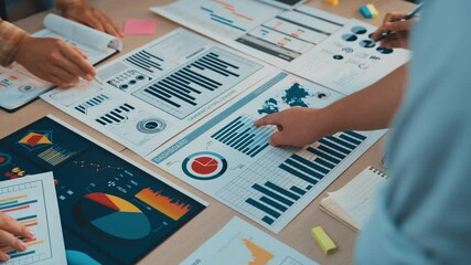 Poster - in a professional workspace, team members engage in a business meeting, analyzing various charts and