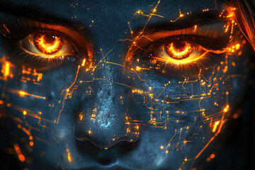 Leinwandbilder - A futuristic face with fiery eyes, glowing circuitry embedded within the skin.