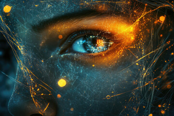 Poster - Close-up of a woman's eye, digitally enhanced with glowing, interconnected lines, creating a futuristic, ethereal effect.