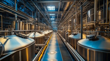 Poster - Industrial dairy production plant. Rows of large stainless steel tanks for milk storage, processing. Pipes, conduits visible for material transportation throughout plant. , 32k Resolution