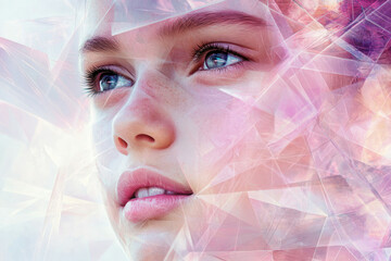 Aufkleber - A young woman's face is artfully overlaid with translucent, geometric shapes, creating a dreamy, ethereal effect.